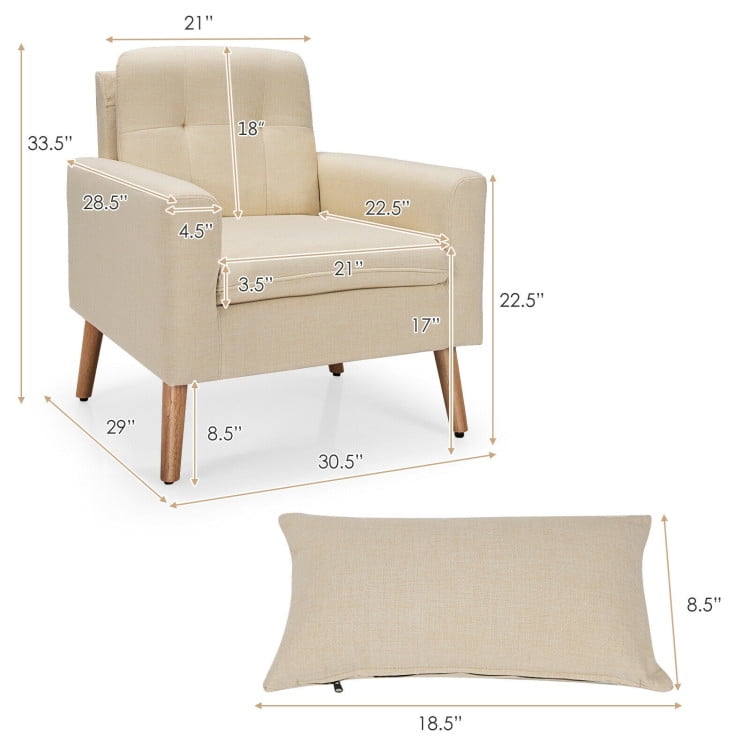Finihen Upholstered Accent Chair, Modern Comfy Armchair Single Sofa, Linen Fabric Single Sofa Armchair with Waist Pillow, for Living Room, Bedroom, Beige