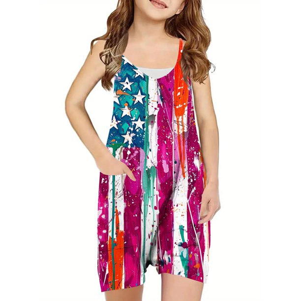 Odeerbi 5-13 Años Niñas Pantalones Cortos de Verano Mono Día de La Independencia Camisola Romper Transpirable Cómodo Colgante Combinado Bib Pantalones Cortos Generales