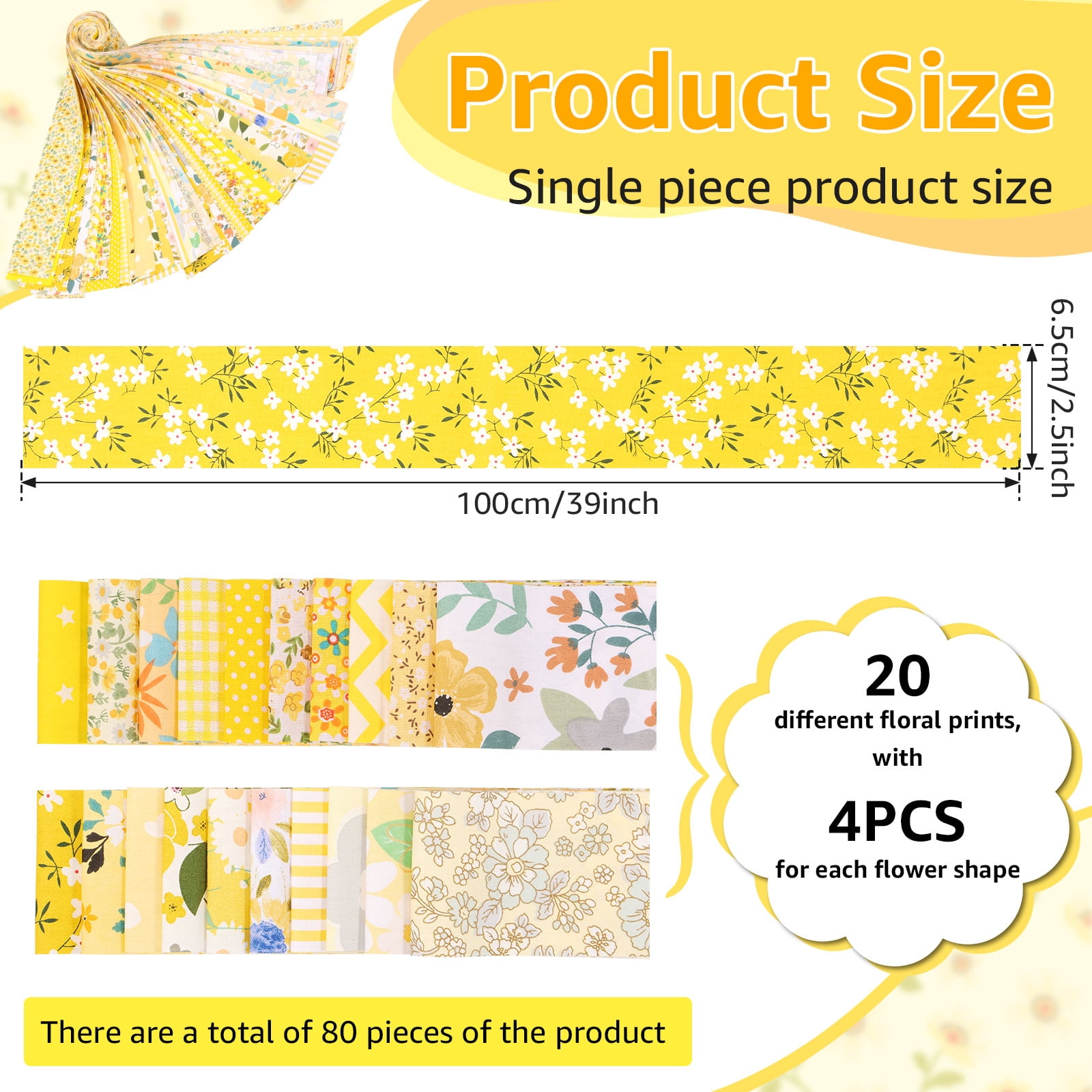 FYJUCPA Cotton Jelly Roll Fabric Strips, 80Pcs 20 Assorted Floral Prints 2.6x39.3in for Quilting Sewing Patchwork, DIY Craft Fabric Set