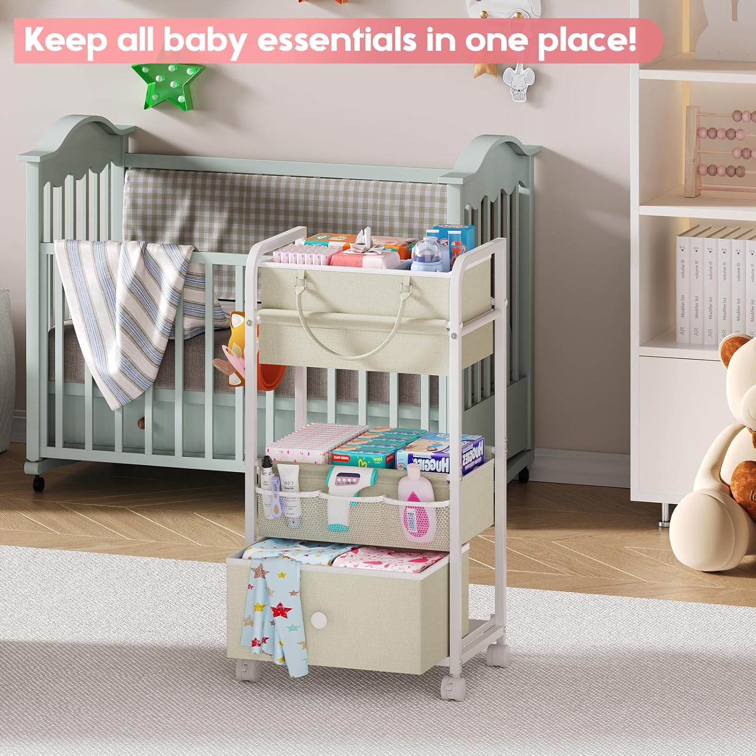 2-in-1  Diaper Caddy Organizer with 3 Tiers and Drawer, White Rolling Cart for Nursery Storage