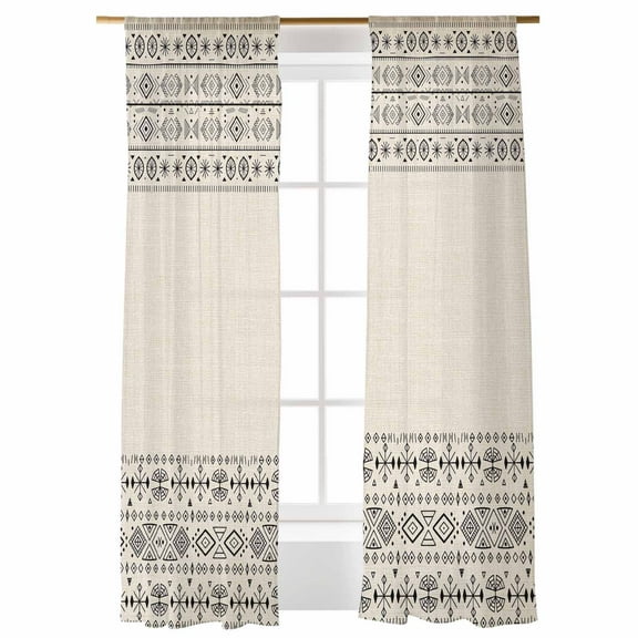Sheer Curtains 108 inches Long, Bohemian Ethnic Brown Black Lines Linen Texture Light Filtering Sheer Window Curtains Rod Pocket Voile Drapes for Bedroom Living Room, 52"W x 108"L 2 Panels