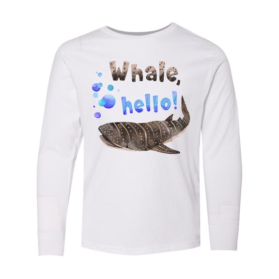 Inktastic Whale, Hello Cute Whale Shark with Bubbles Long Sleeve Youth T-Shirt