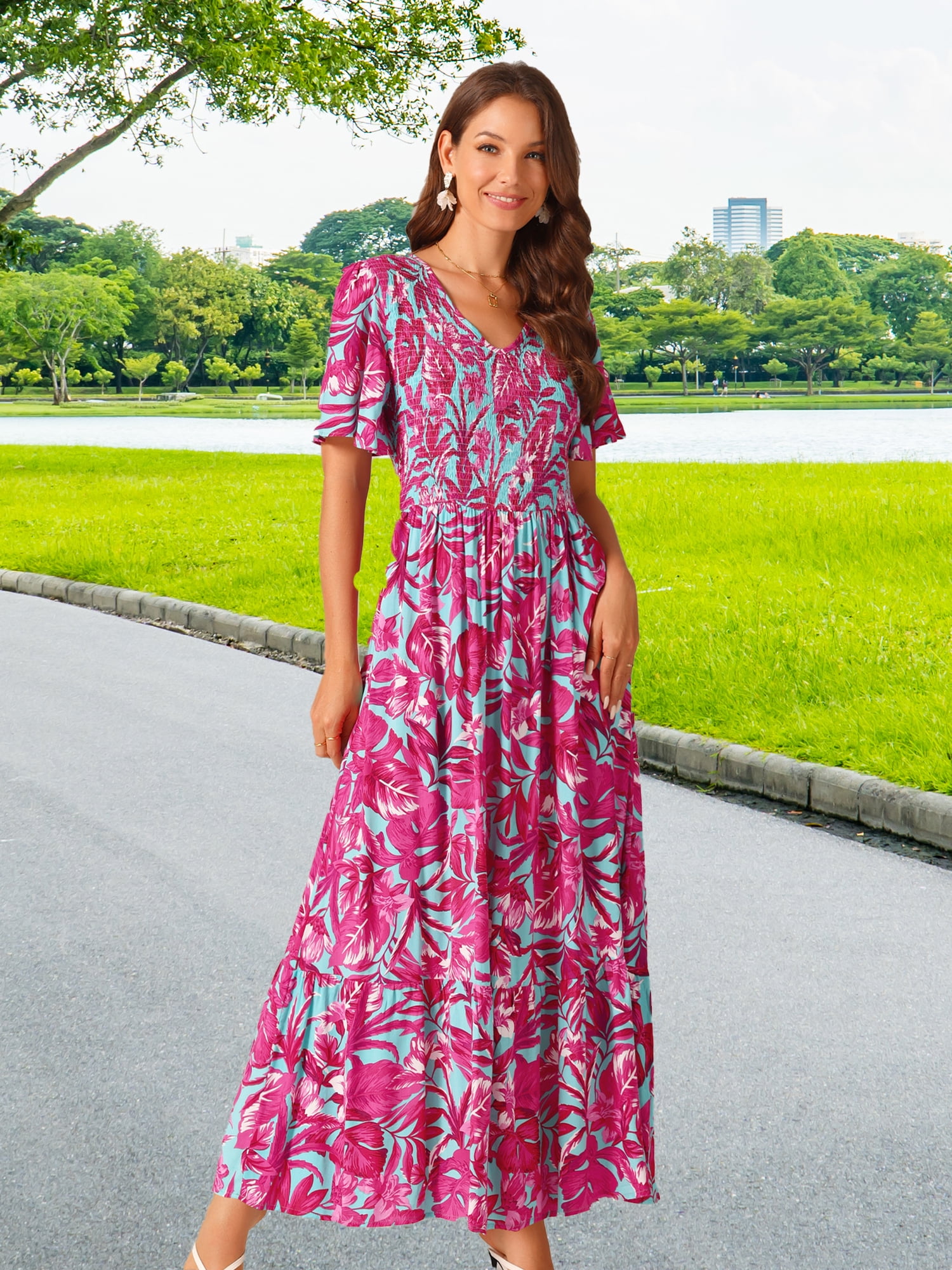 DARING DIVA Women's Floral Short Flutter Sleeve Flowy Maxi Dresses M Hot Pink