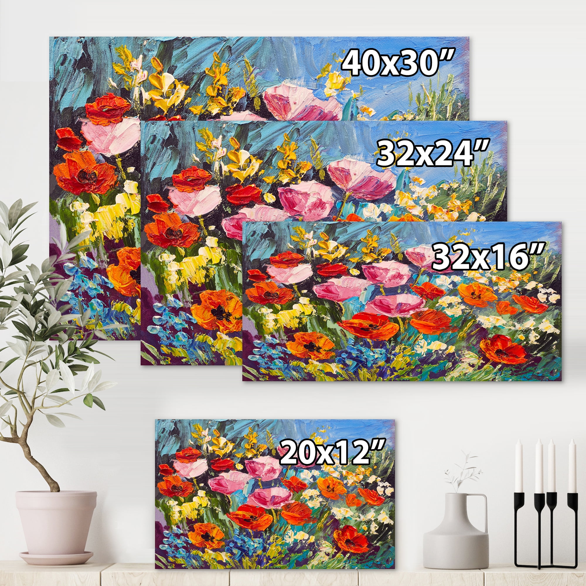 Designart ' Colorful Spring Poppies In Field ' Traditional Canvas Wall Art Print