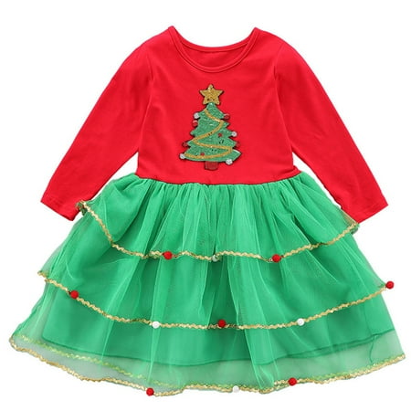 

1Pc Christmas Tutu Dress Sequins Xmas Tree Pattern One-piece Girl Tulle Skirt