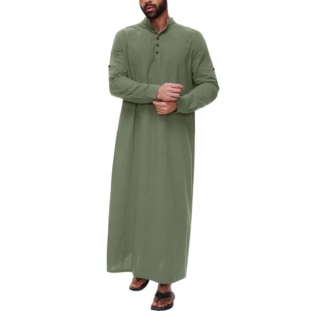 XDZJLR Mens Shirts Middle Arabic Style Long Button Muslim Robe Long Sleeve Robe Side Slit Robe Button Pocket Robe Shirts for Men