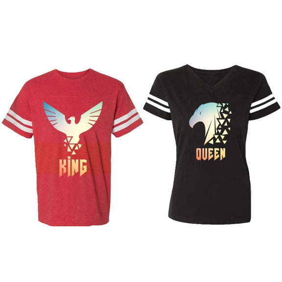 King Queen Eagle Sunny Matching Couple Cotton Jerseys (Men Red / Women Black) (Men S / Women S)