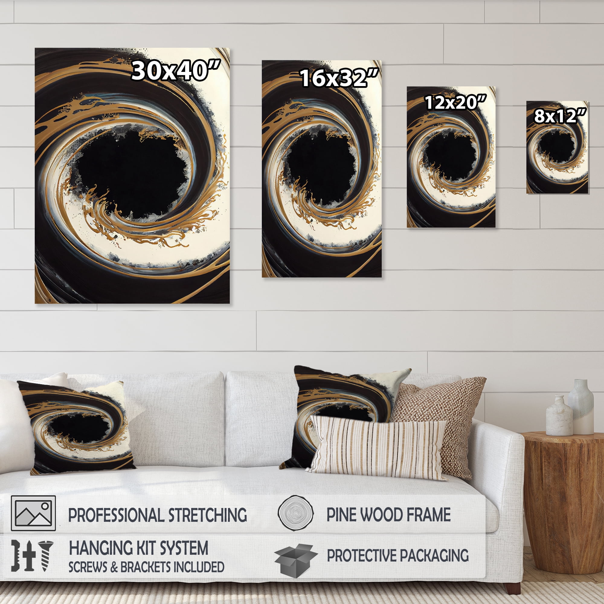 Designart Black And Gold Circle V Canvas Wall Art