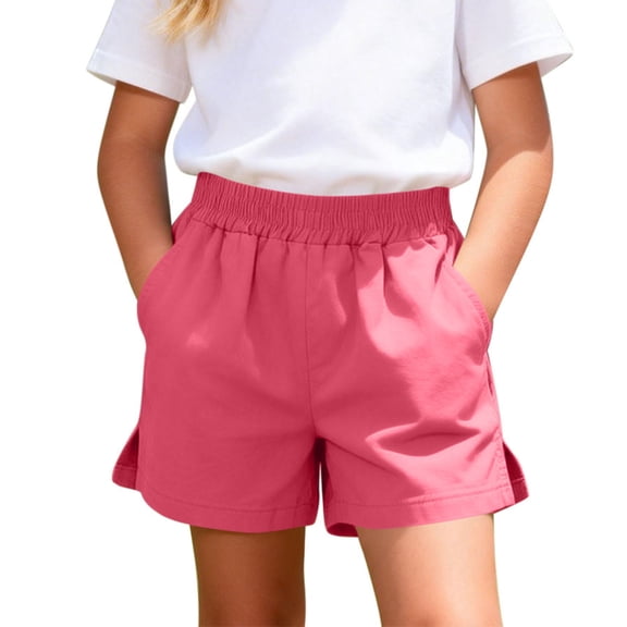 ITSAME Girls Shorts, Cotton Linen Elastic Waist Loose Fit Summer Casual Fashion Shorts with Pockets Hot Pink 5T