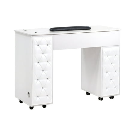 Drexel Manicure Table Tufted Side Panel Nail Desk with Marble Top Modern White Diamond