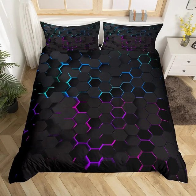 Geometric Duvet Cover Multicolor Honeycomb Hexagon Bedding Set Geometric Theme Metal Texture Streamline Polyester Qulit Cover