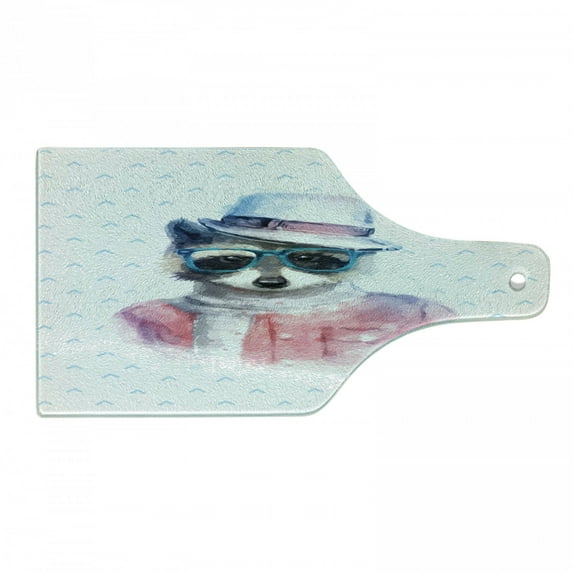 Funny Cutting Board, Retro Hipster Funky Raccoon with Sunglasses Hat Pullover Portrait Animal Humor Theme, Tempered Glass Cutting and Serving Board, Wine Bottle Shape, Pink Blue, by Ambesonne