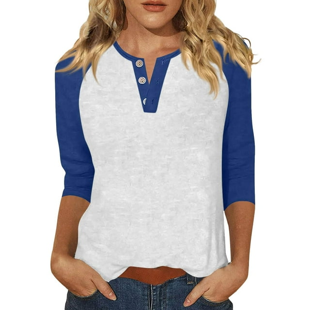 ManxiVoo Relaxed Fit Womens Top V Neck 3 4 Sleeve Button Front Shirt with Raglan Sleeves for Summer L Size Blue