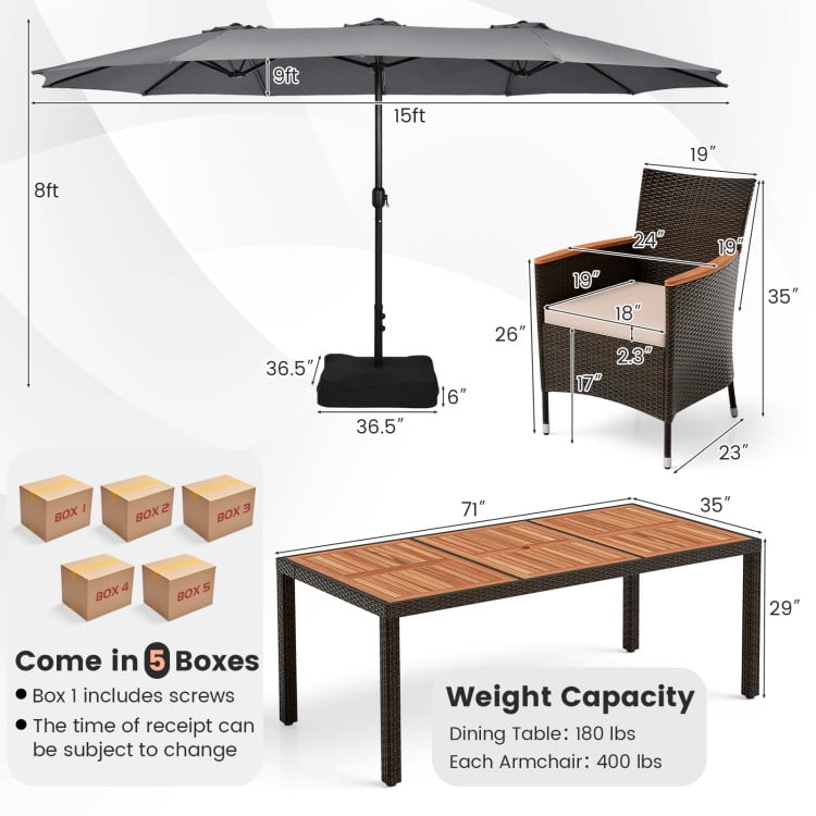 Aimee Lii 9 Pieces Patio Furniture Sets, Outdoor Dining Set with 15" Double-Sided Twin Patio Umbrella, Gray Aimee Lii 9 Pieces Patio Furniture Sets, Outdoor Dining Set with 15" Double-Sided Twin Patio Umbrella, Gray