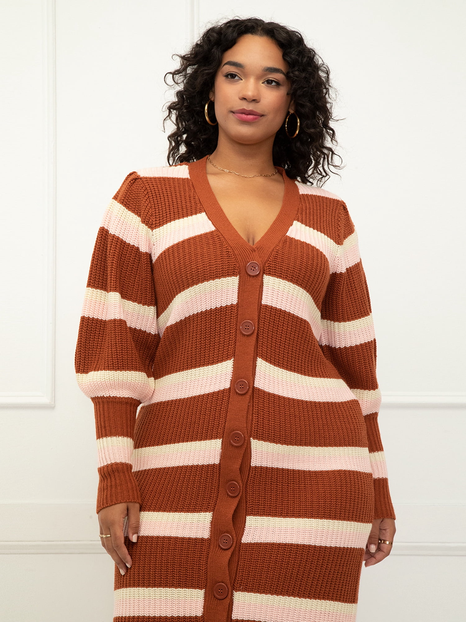 ELOQUII Elements Women's Plus Size Puff Sleeve Cardigan Sweater Dress