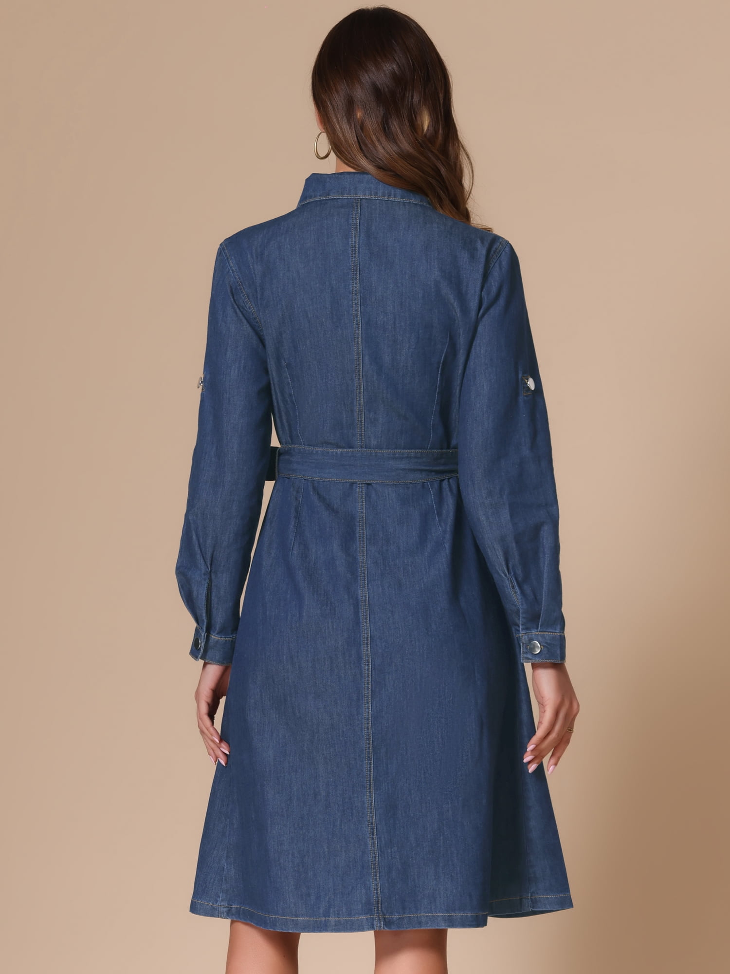 DARING DIVA Women's Denim Shirt Dress Long Sleeve Collared Belted Dress XS Dark Blue