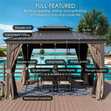 KOZYARD  Alexander Hardtop Aluminum Gazebo with Mosquito Net and Privacy Curtain Dark Brown 12'x14'