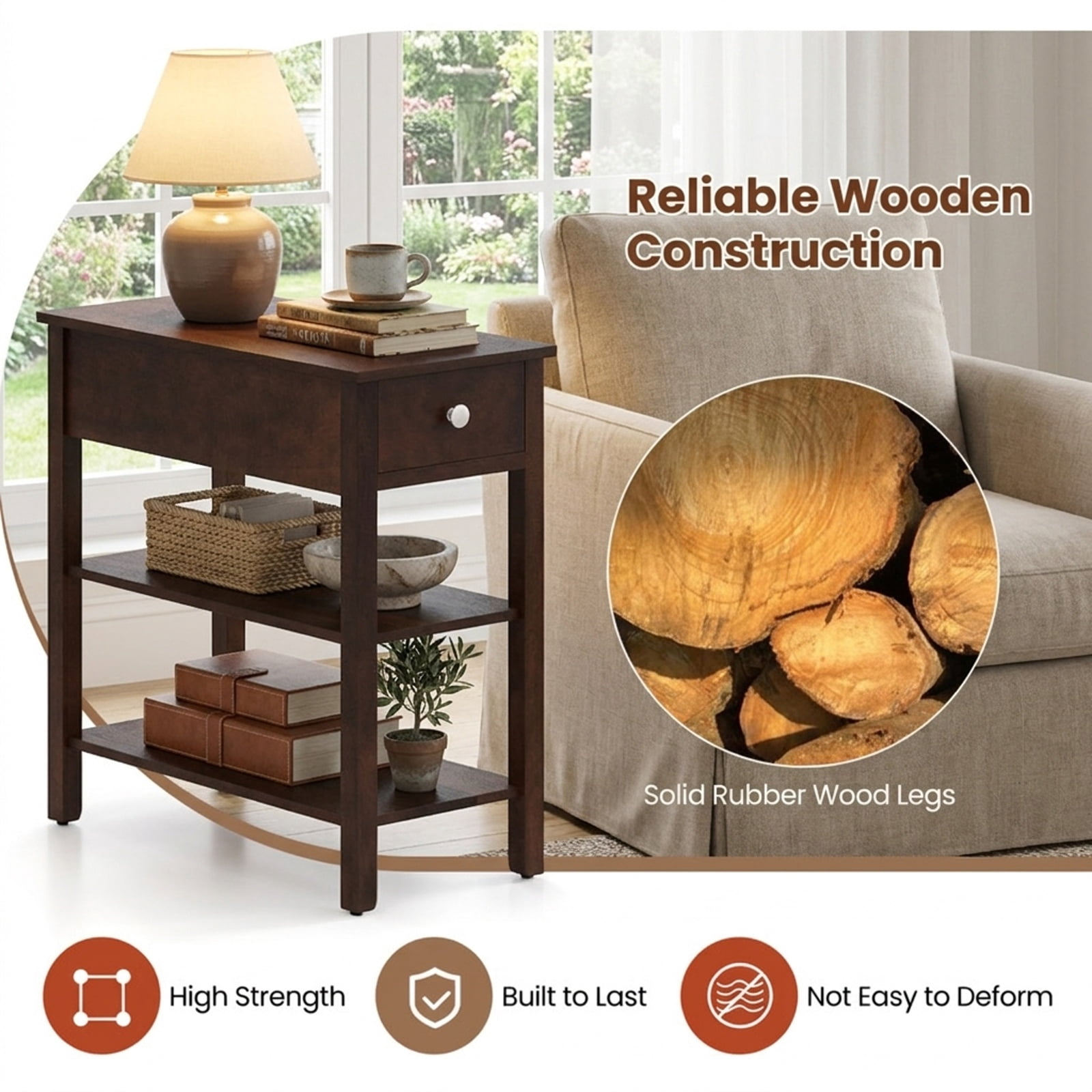 Furnibear 3 Tier Narrow End Table Set of 2 with Pull Out Drawer and Open Storage Shelves and Rubber Wood Legs for Bedroom Living Room, Walnut