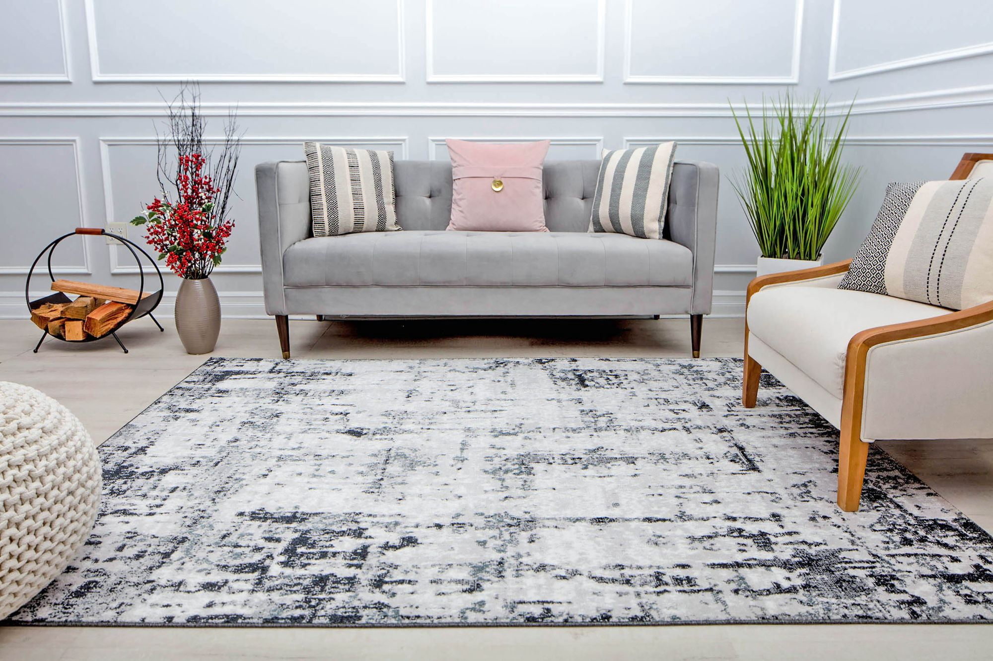 Rugs America Amabella IV40A Black Horizon Abstract Vintage White Area Rug, 2'6"x8'