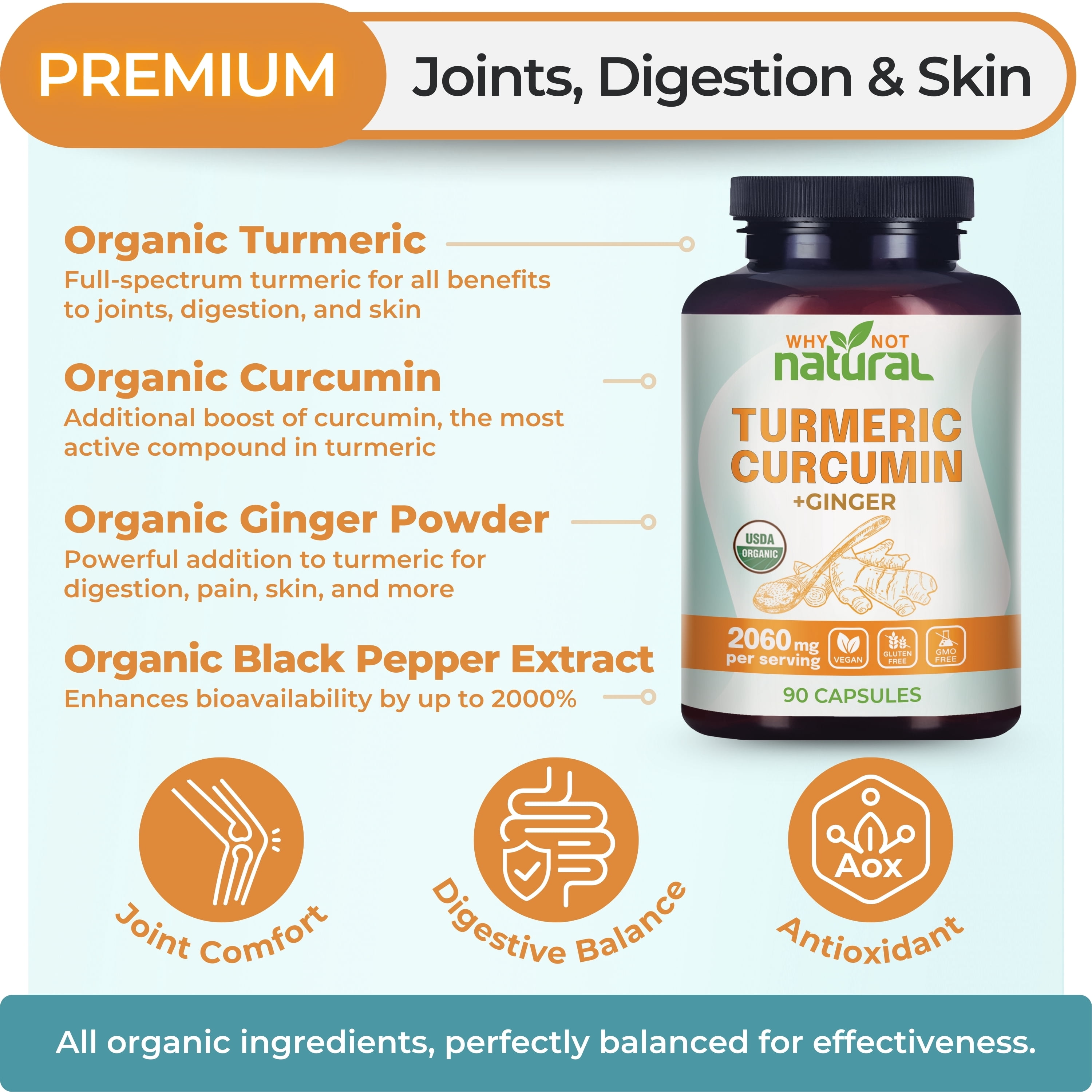 Why Not Natural Organic Turmeric Curcumin Supplement in capsules with Ginger and black pepper