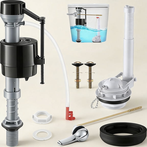Toilet Flusher Replacement Kit, Include Adjustable Flush Valve with Flapper, Fill Valve, Front Flush Handle, Rubber Gasket, Bolts, Complete Toilet Parts Inside Tank Kit