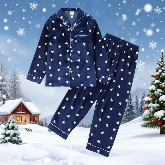 Kids Christmas Pjs Kids Printed Satin Silk Pajamas Long Sleeve 2 Piece Sleepwear Button-Down Christmas Outfit Girl Girls Pajama Set 7-8 Years