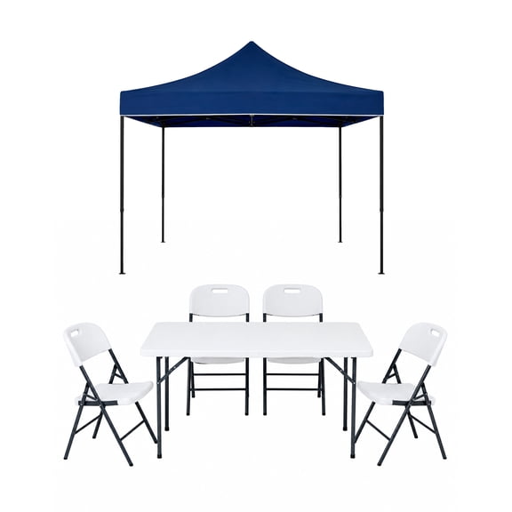 Combo de Mesa de 122 cm y 4 Sillas Plegables con Toldo Azul Impermeable