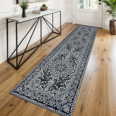 Runners for Hallways 2x8 Black Vintage Medallion Kitchen Rugs Non-Slip Ultra Soft Washable Printed Retro Distressed Vintage Carpet Entryway Runners for Bedroom Laundry Nursery