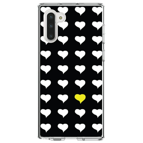 DistinctInk Clear Shockproof Hybrid Case for Samsung Galaxy Note 10 (6.3" Screen) - TPU Bumper, Acrylic Back, Tempered Glass Screen Protector - Yellow White Black Repeating Hearts
