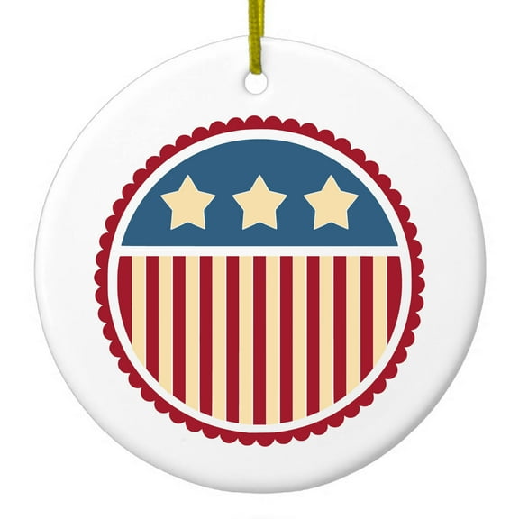 DistinctInk Hanging Ceramic Christmass Tree Ornament with Gold String - Great Gift / Present - 2 3/4 inch diameter - USA Seal Flag Red White & Blue
