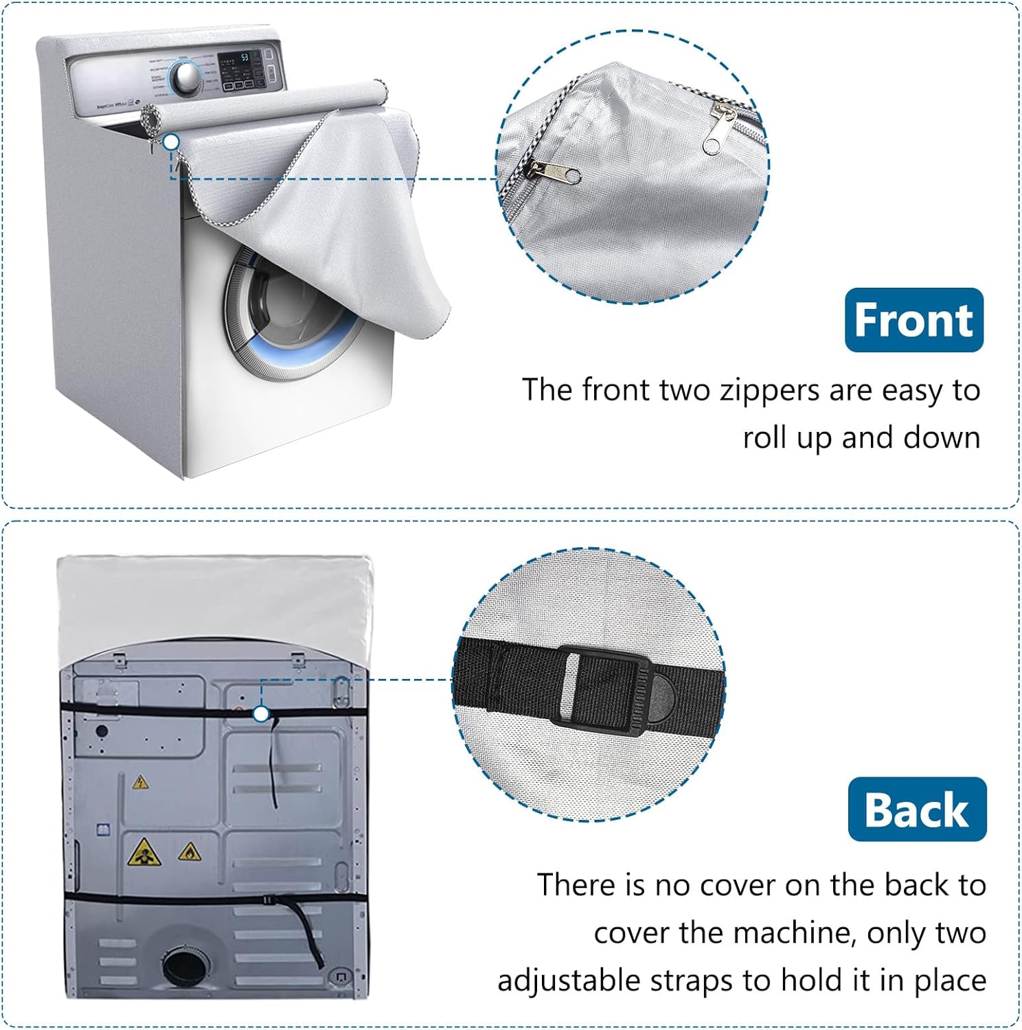 ABPETE 1 Pack Washing Machine Cover, Waterproof Dustproof Washer Dryer Cover with Zipper and Perspective Window ,Fit for Front Load or Top Washer and Dryer 27"Wx26"Dx43"H,Silver