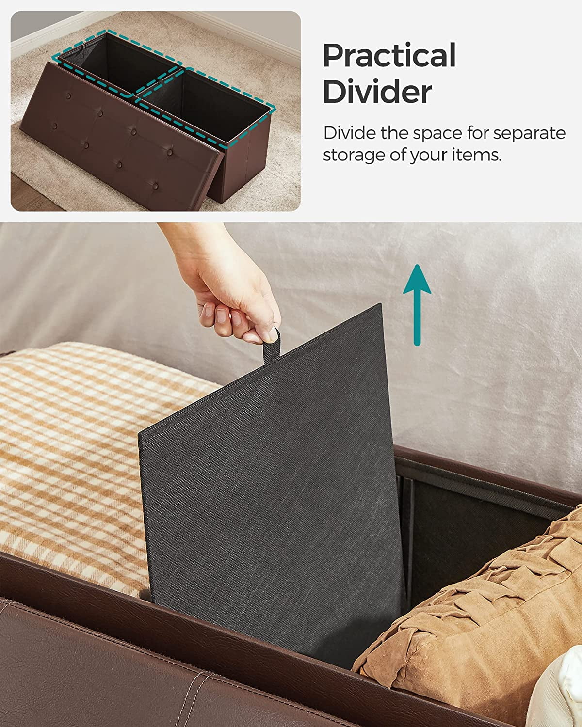 SONGMICS 43" Storage Ottoman Bench Folding Leather Ottoman with Storage Footrest Holds 660lb for Bedroom Brown