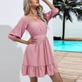thumbnail image 4 of Wycnly Formal Dresses for Women Beach Casual Empire Waist Ruffle Swing A Line Mini Dresses Elbow-Length Square Neck Solid 2024 Summer Short Dress Pink XL, 4 of 7