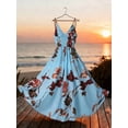 thumbnail image 2 of Blue Floral Print Ruched Waist V-Neck Spaghetti Strap Maxi Dress For Evening, 2 of 4