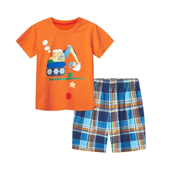 Toddler Boys Short Sets Cotton Casual Crewneck Blue Excavator Short Tee