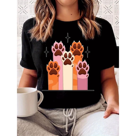 Women's Dog Paw Print T-Shirt, Graphic Tees，Casual Comfortable Short Sleeve Tops, Round Neck Breathable Tee，Cute，cotton，black，S-5XL