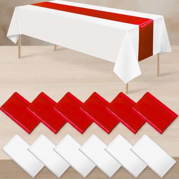 Satin Table Runner and Plastic Tablecloths Set Red and White Disposable Rectangle Table Cover for Graduation Wedding Bridal Shower Anniversary Party Decorations