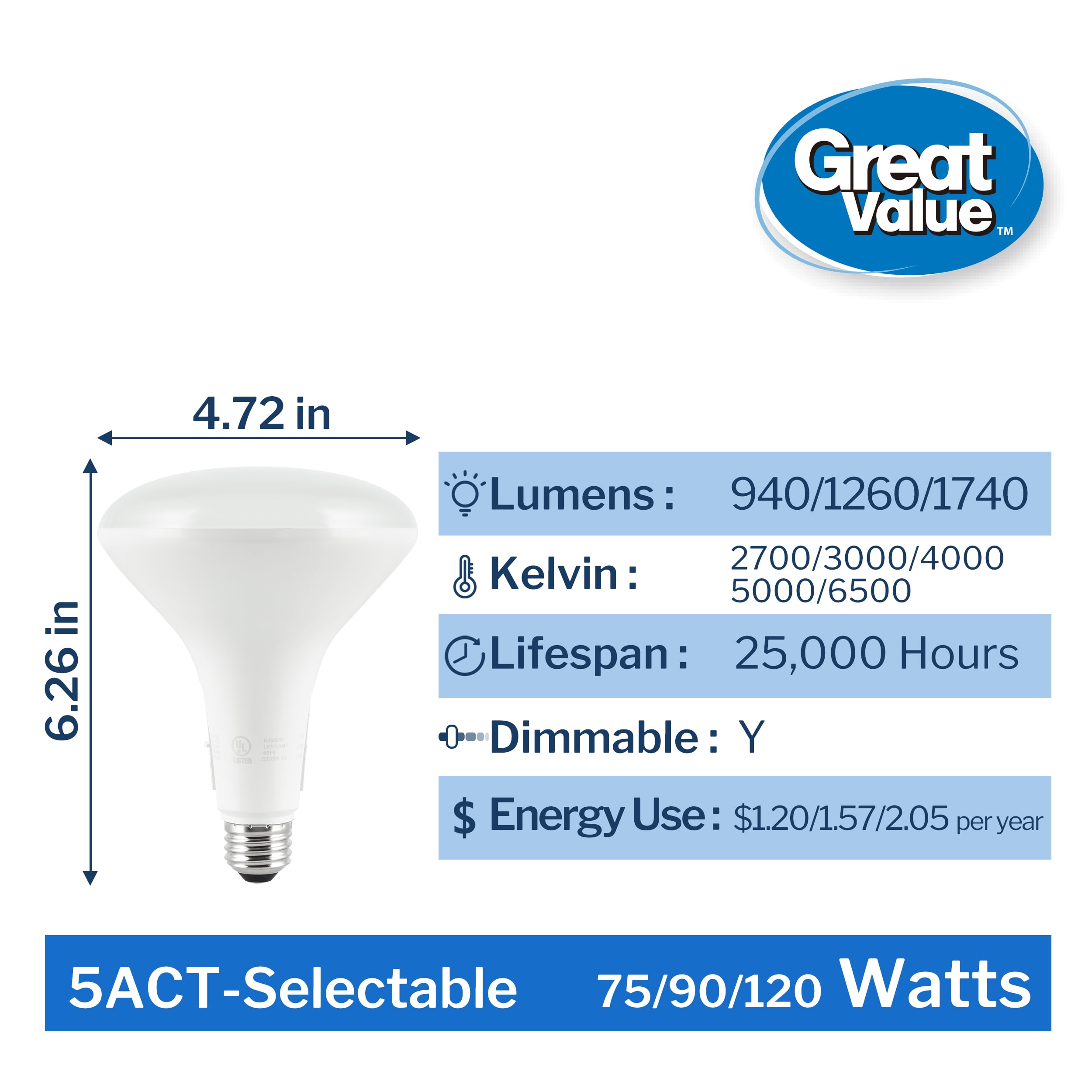 Great Value BR40 LED Flood Light Bulbs, Selectable Brightness & 5 Color Temperatures, 75W/90W/120W Equivalent, E26 Base, 4‑Pack (CEC Title 20)