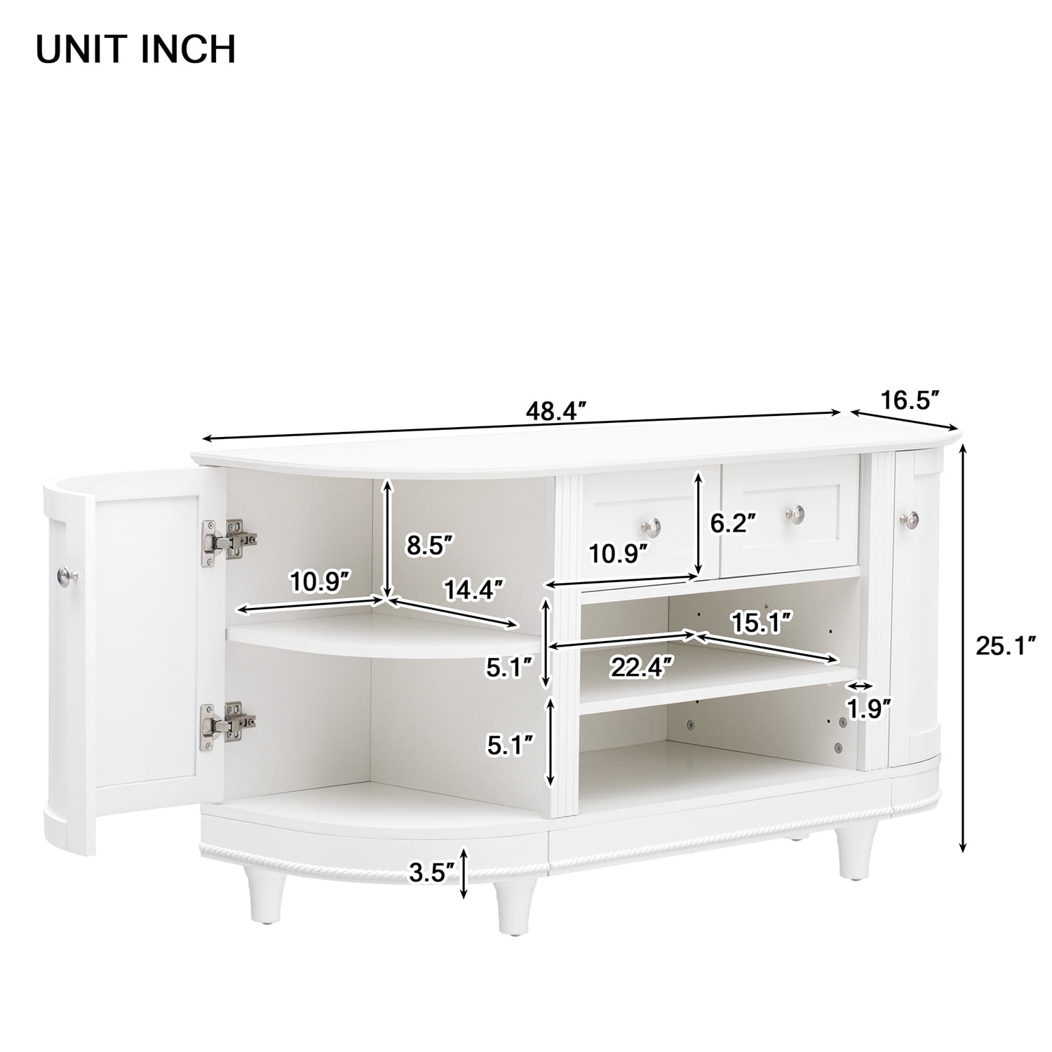Kadyn TV Stand, Modern Entertainment Center with 2 Curved Doors, Adjustable Panels and Open Style Cabinet, MDF TV Cabinet for TV up to 46", White