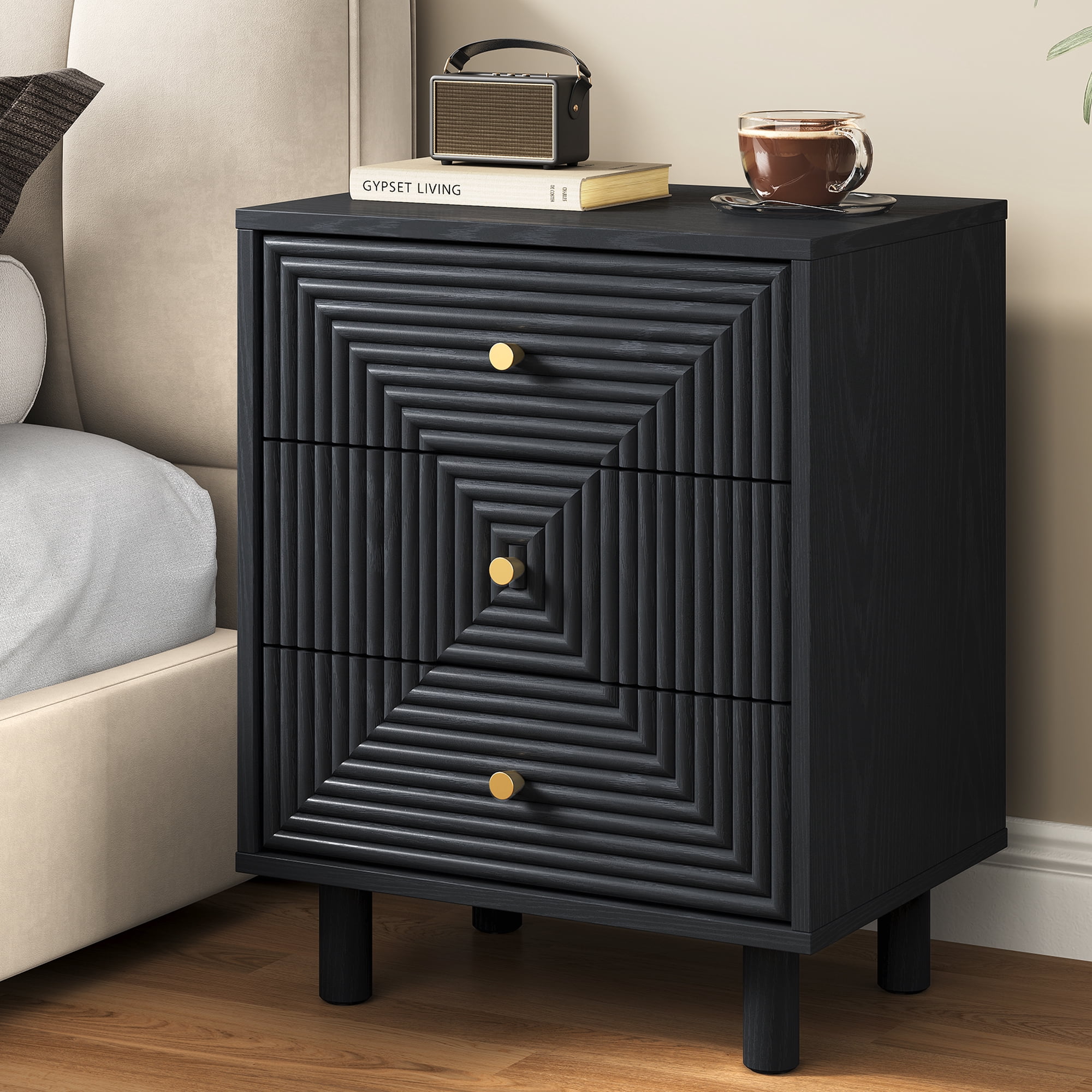 Heynemo Nightstand with 3 Drawers Set of 2, Modern Chest of Drawers for Bedroom, Living Room, Entryway, Black