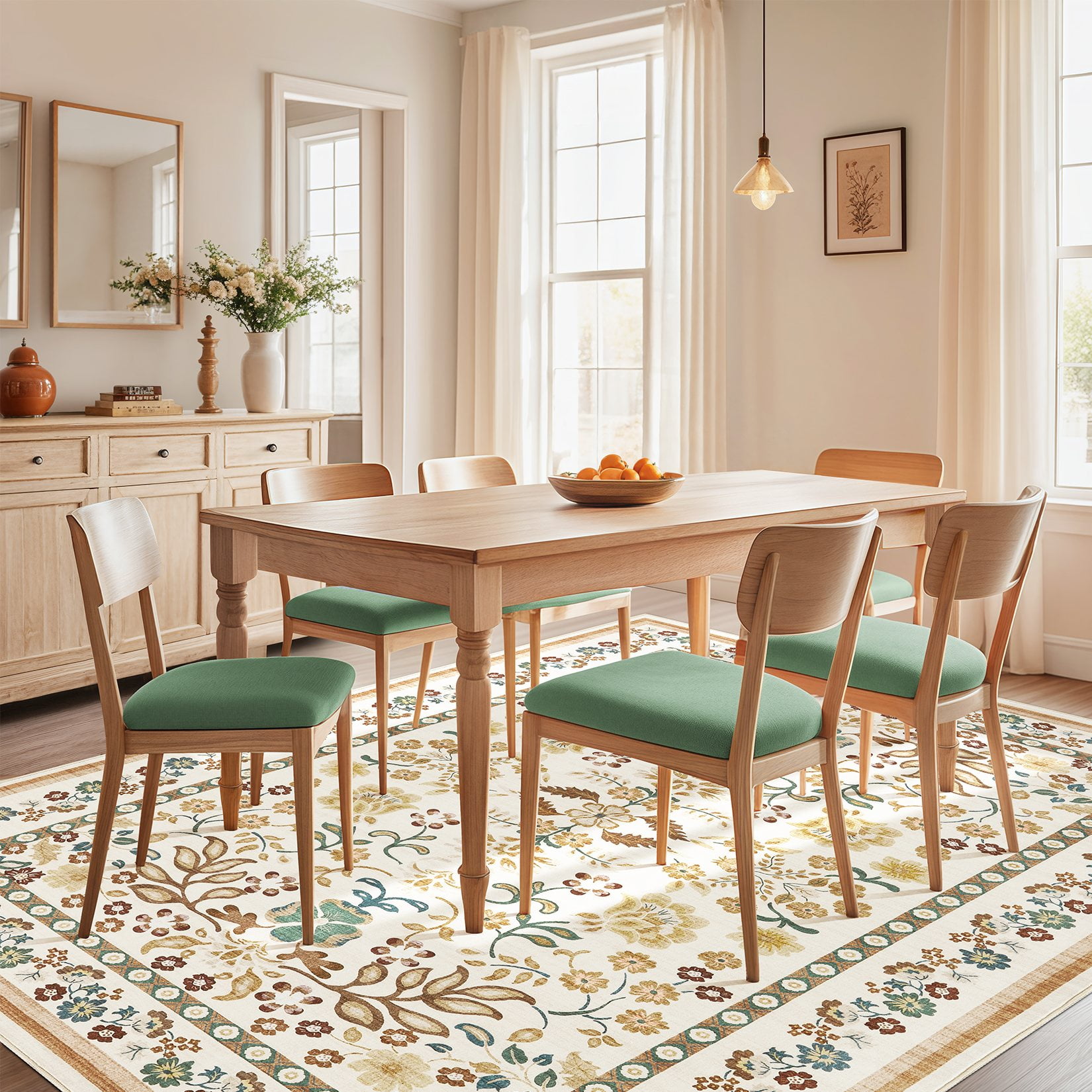 Toyoso 8x10 Area Rug Living Room Rugs - Washable Vintage Floral Soft Thin Large Rug Indoor Floor No Slip Rug Carpet for Bedroom Under Dining Table Home Office Decor - Brown Green