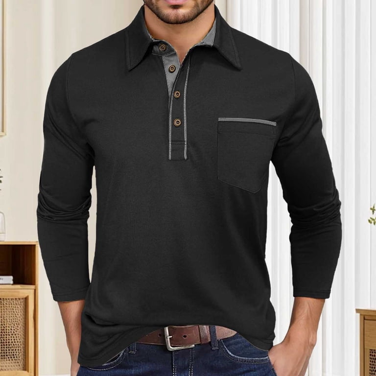 Mens Polo Shirt Classic Loose Fit Casual Long Sleeve Tops with Pocket  Button Collared Fall Solid Color Mens Dress Shirts Black XL - Walmart.com