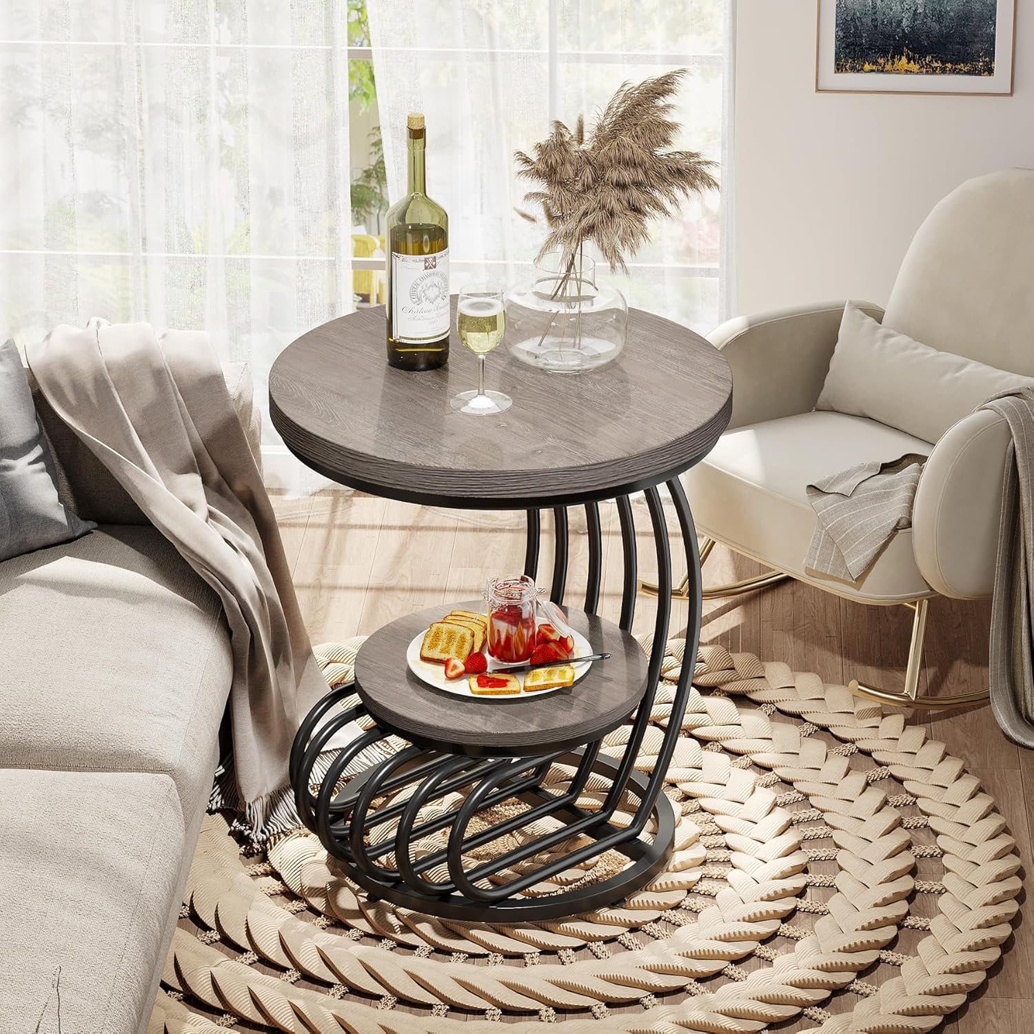 Tribesigns Round End Table, 2 Tiers Wood Side Table with Storage Shelf