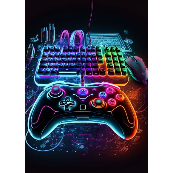Cool Gaming Wall Art Canvas Painting, Colorful Gamer Controller, Neon Pop Poster and Print, E-sports Room Decor, Gift, No Lights50 x 70 cm (without frame),L