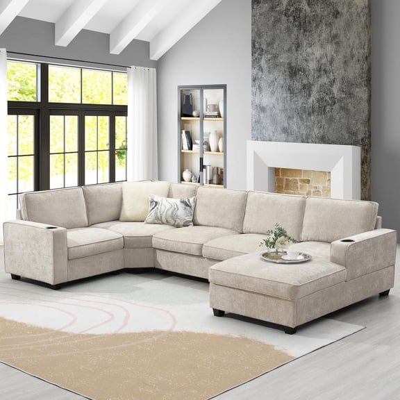 Sectional Sofa, U-Shape Sofa, Chenille Couch, 6-Seater Couch with Cup Holders, Oversized Chaise and Irregular Corner, Beige