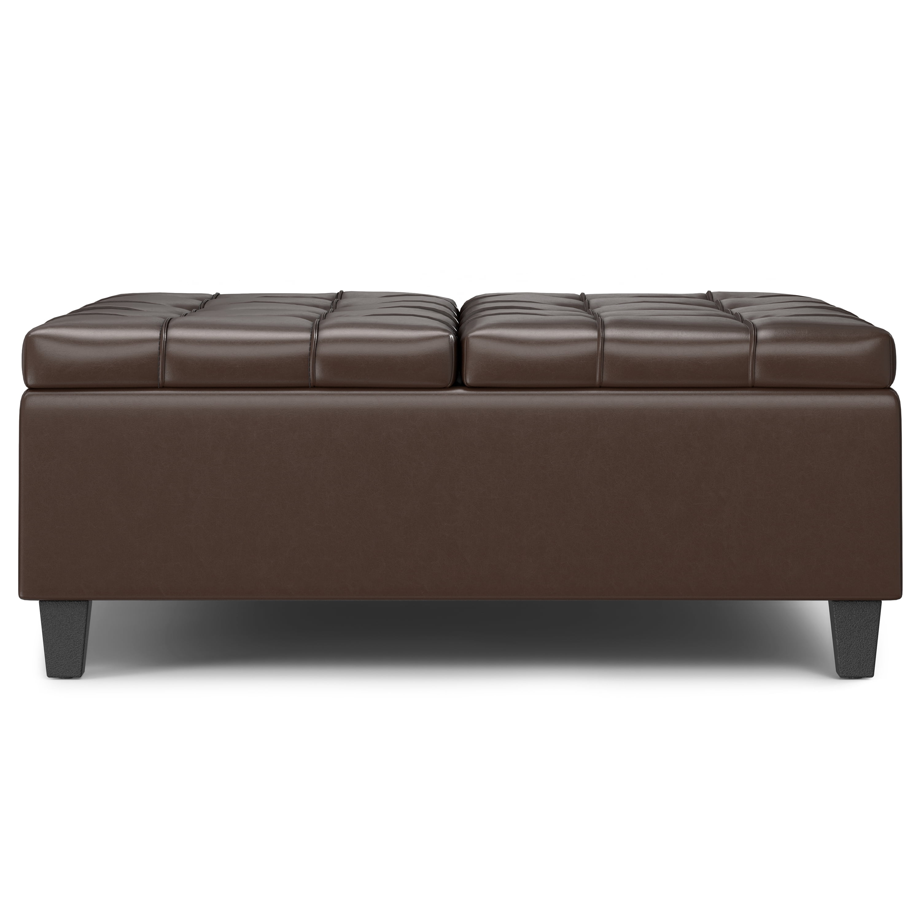 Simpli Home Harrison 40 inch Wide Transitional Square Large Coffee Table Storage Ottoman in Chocolate Brown Vegan Faux Leather