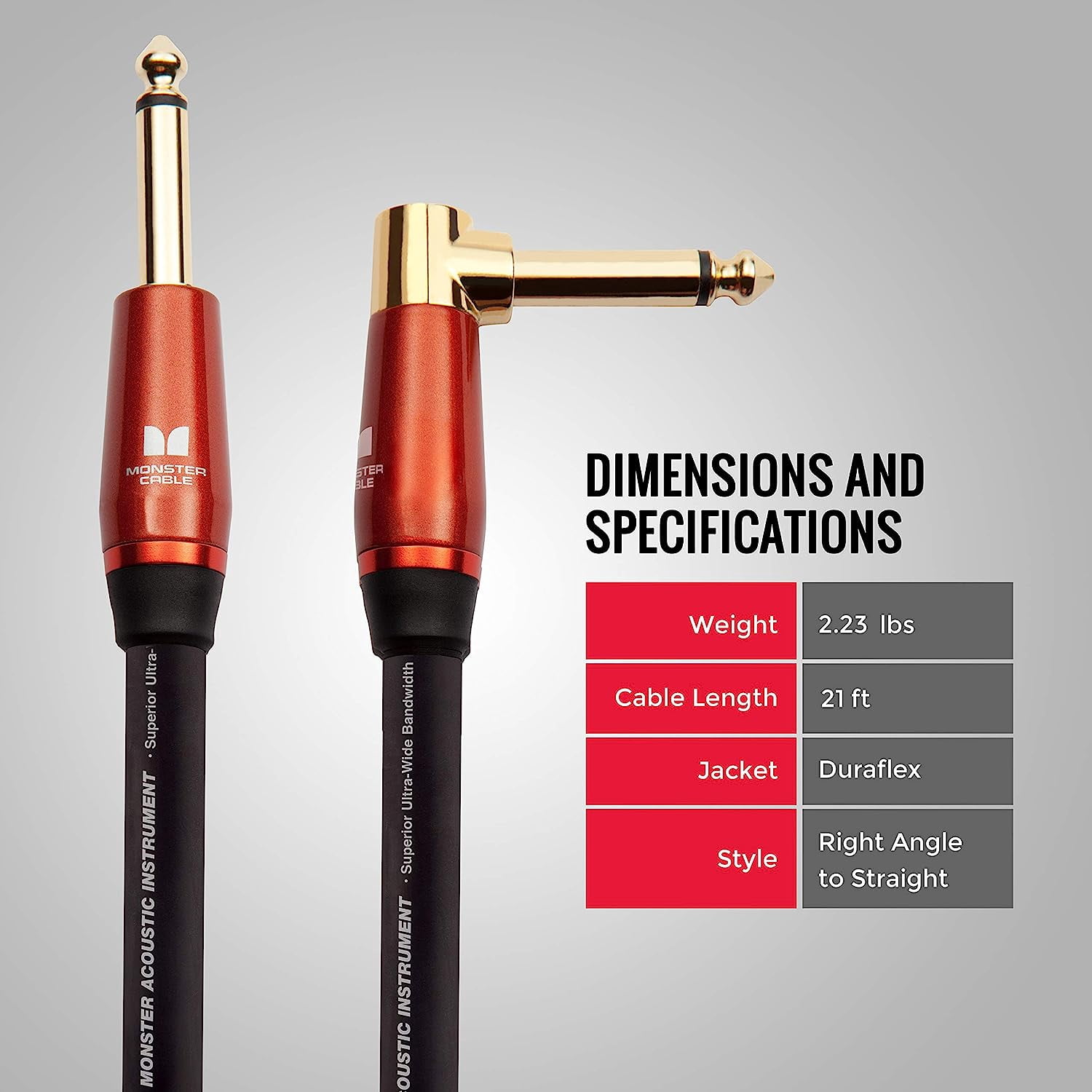 Monster Prolink Acoustic Instrument Cable, 21ft - Right Angle to Straight Connector