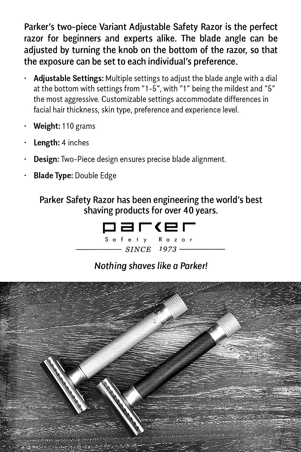 Parker Variant Adjustable Double Edge Safety Razor and 5 Parker Premium Blades - Adjust The Blade Exposure with A Turn of Dial for Milder or More Aggressive Shaves (Satin Chrome)