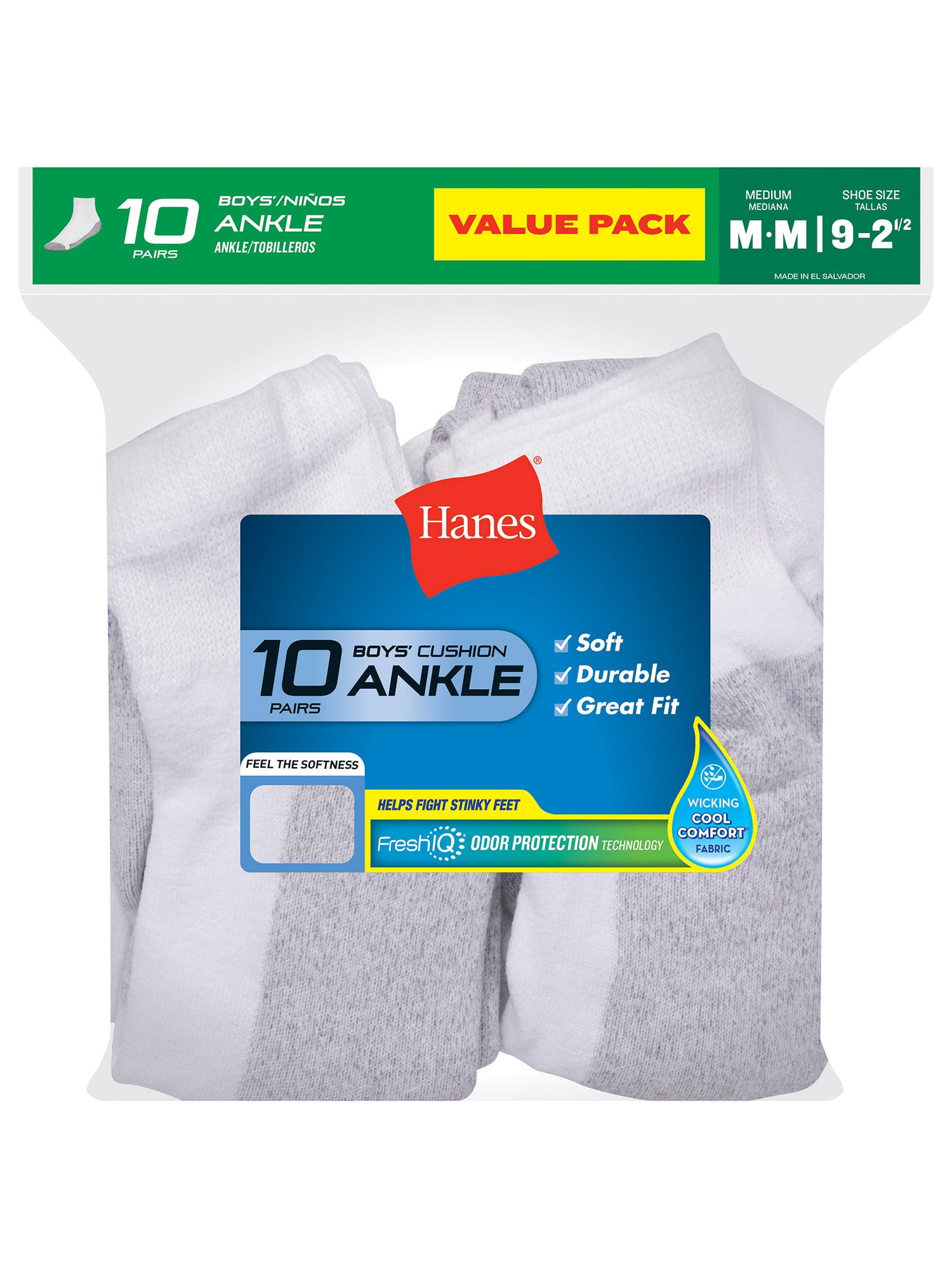 Hanes Boys Socks, 10 Pack Ankle EZ Sort, Sizes S (4.5-8.5) - L (3-9)