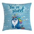 thumbnail image 1 of Unicorn Throw Pillow Cushion Cover, "You're Sweet" Quote with Baby Penguin Shaped Unicorn and Fish in the Sea Art Image Decor, Decorative Square Accent Pillow Case, 16 X 16 Inches, Blue, by Ambesonne, 1 of 2